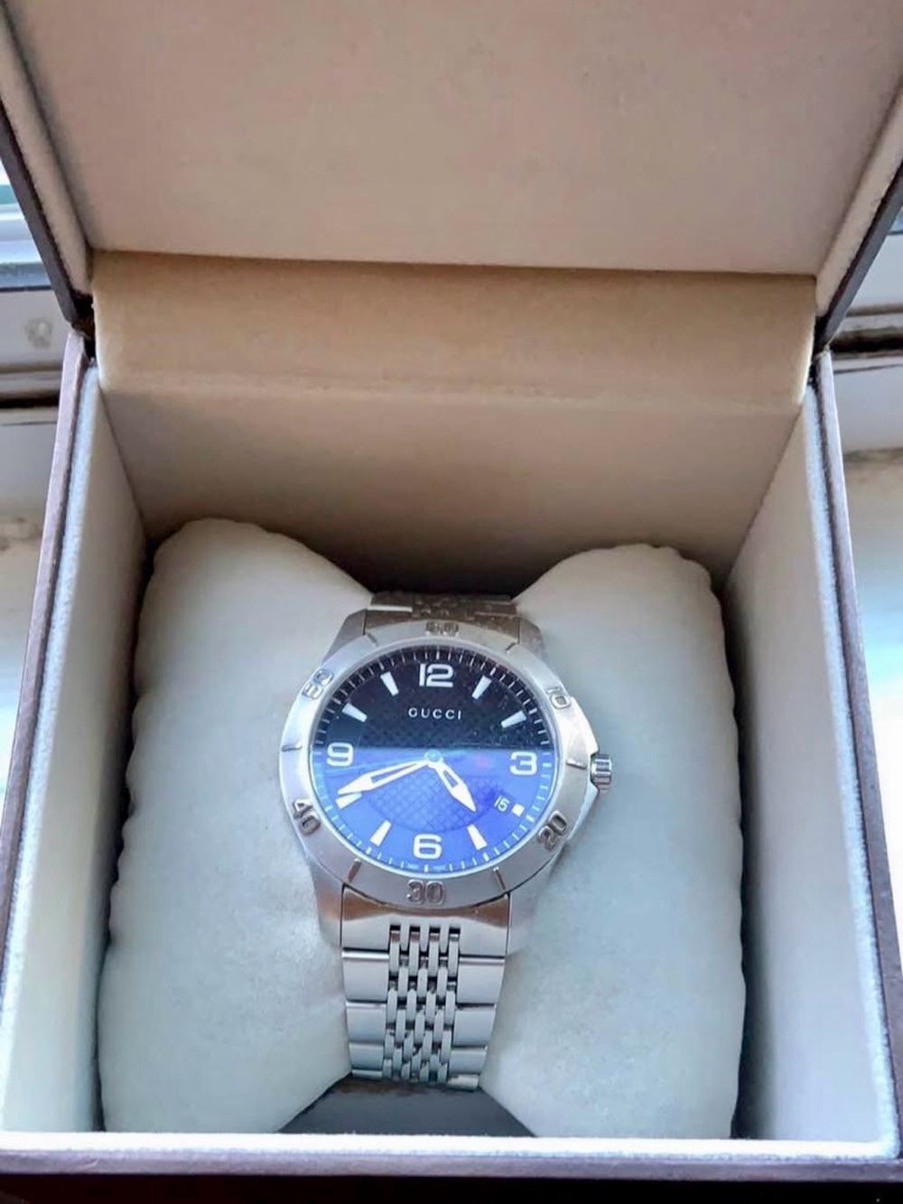 Gucci Silver Watch with Blue Dial